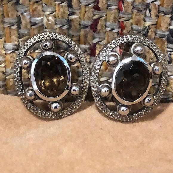 Smokey Topaz Sterling Silver Faceted Filigree Accent Oval Earrings - Picture 4 of 16